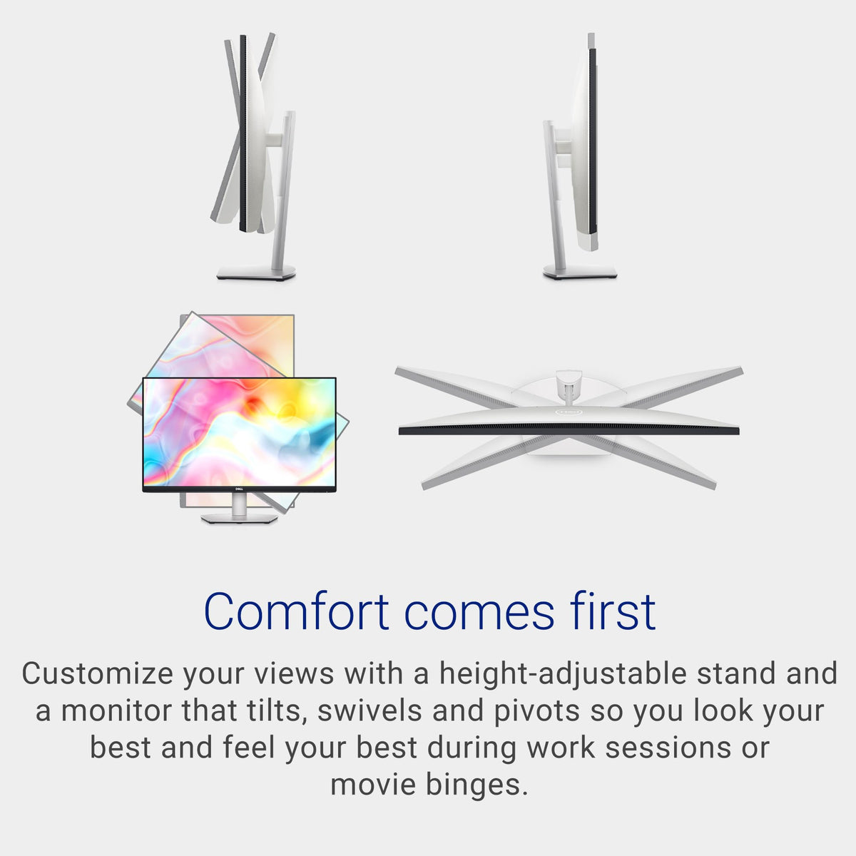Dell S2722DC height-adjustable stand with tilt, swivel, pivot.