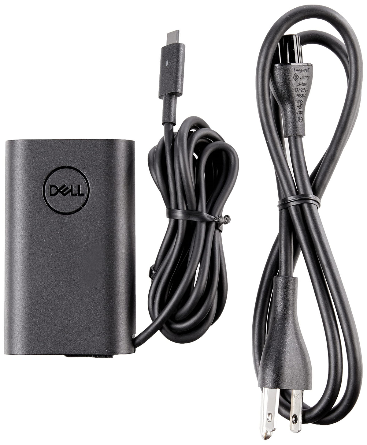 Dell charger front view showing slim design and compact portability