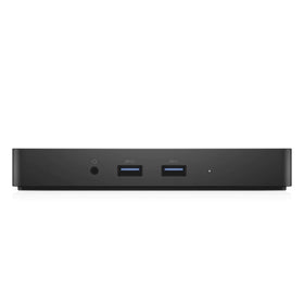 Dell WD15 monitor dock in-use demonstrating one-cable setup reduces desk clutter.