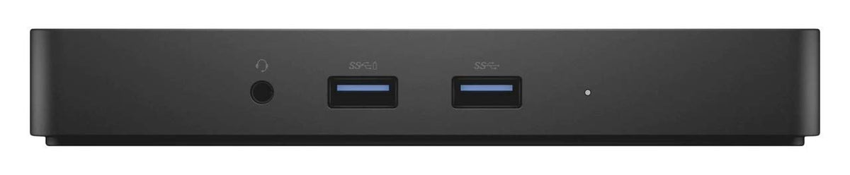 Dell WD15 dock ports side view showing HDMI, VGA, USB, and Ethernet access.