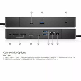 Dell WD19S dock back ports show HDMI and DP options for multi-display.