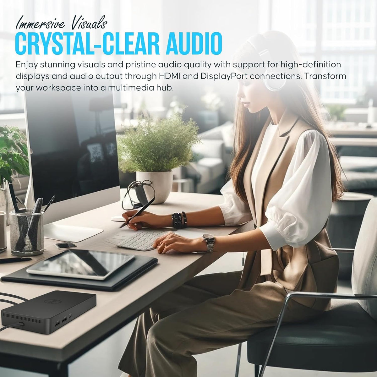 Dell WD19S dock cabling highlights tidy, clutter-free workspace.