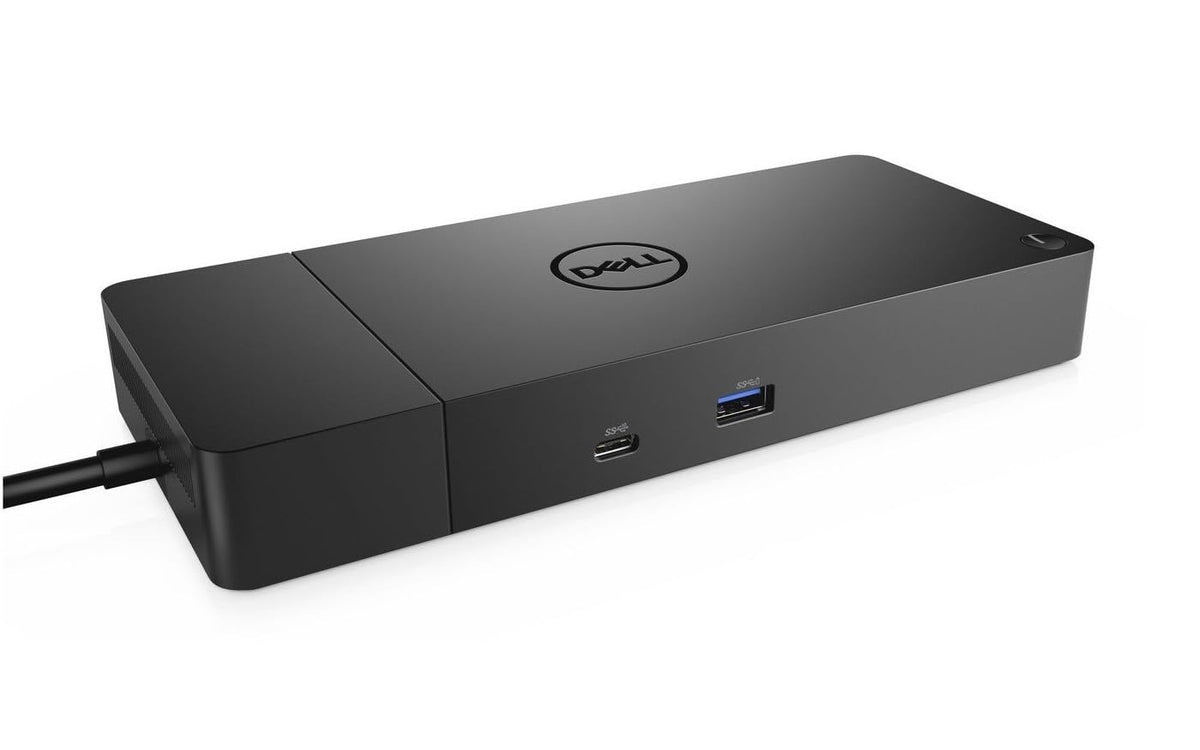 Dell WD19S USB-C Dock front view on a clean desk for efficient setup.