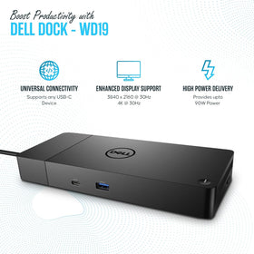 Dell WD19S dock powered-on image shows reliable power delivery for laptops.
