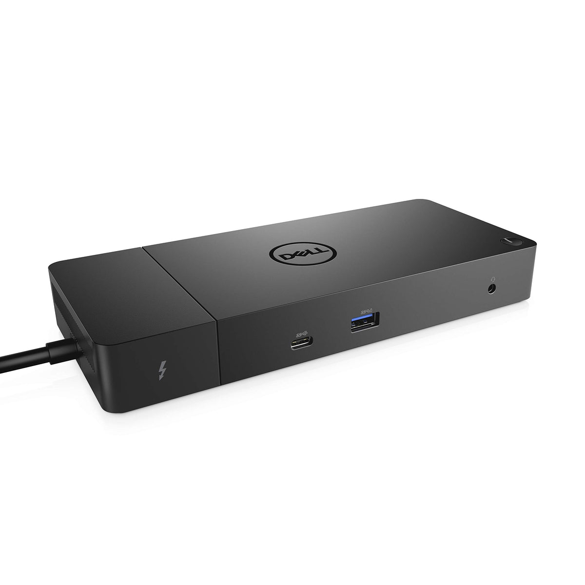 Dell WD19TB dock front view showing compact footprint for desks.