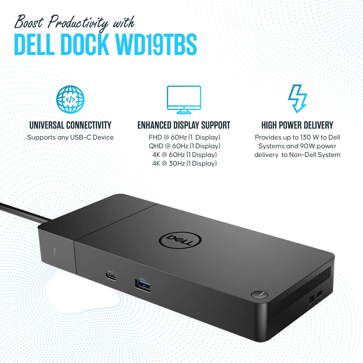 Dell WD19TBS dock with cables included for instant use