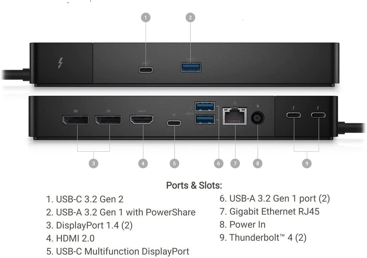 Dell WD22TB4 USB ports with PowerShare for convenient peripherals.