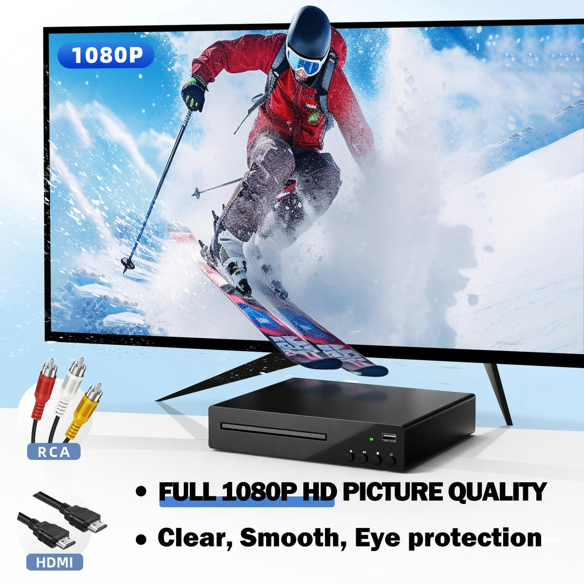 delleson rear ports with HDMI and RCA outputs offering flexible TV and projector connections