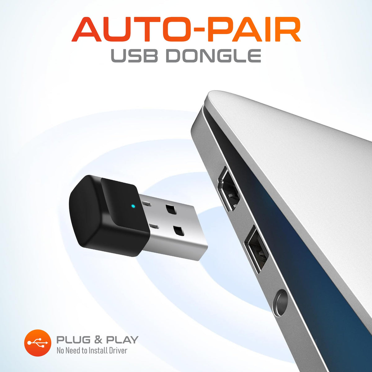 Delton 10X USB dongle beside headset showing instant plug-and-play convenience