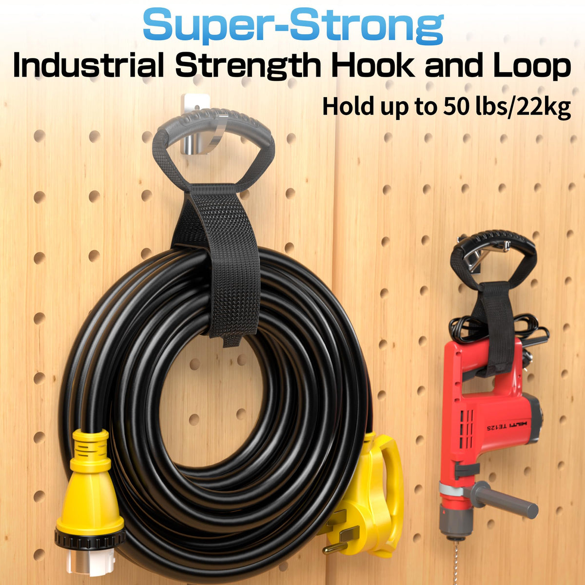 Deluwire strap bundling a garage hose demonstrating tidy storage and hanging benefit
