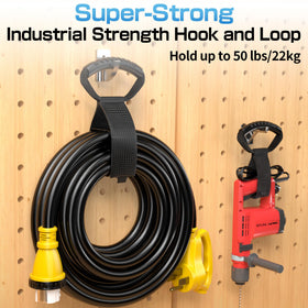 Deluwire strap bundling a garage hose demonstrating tidy storage and hanging benefit