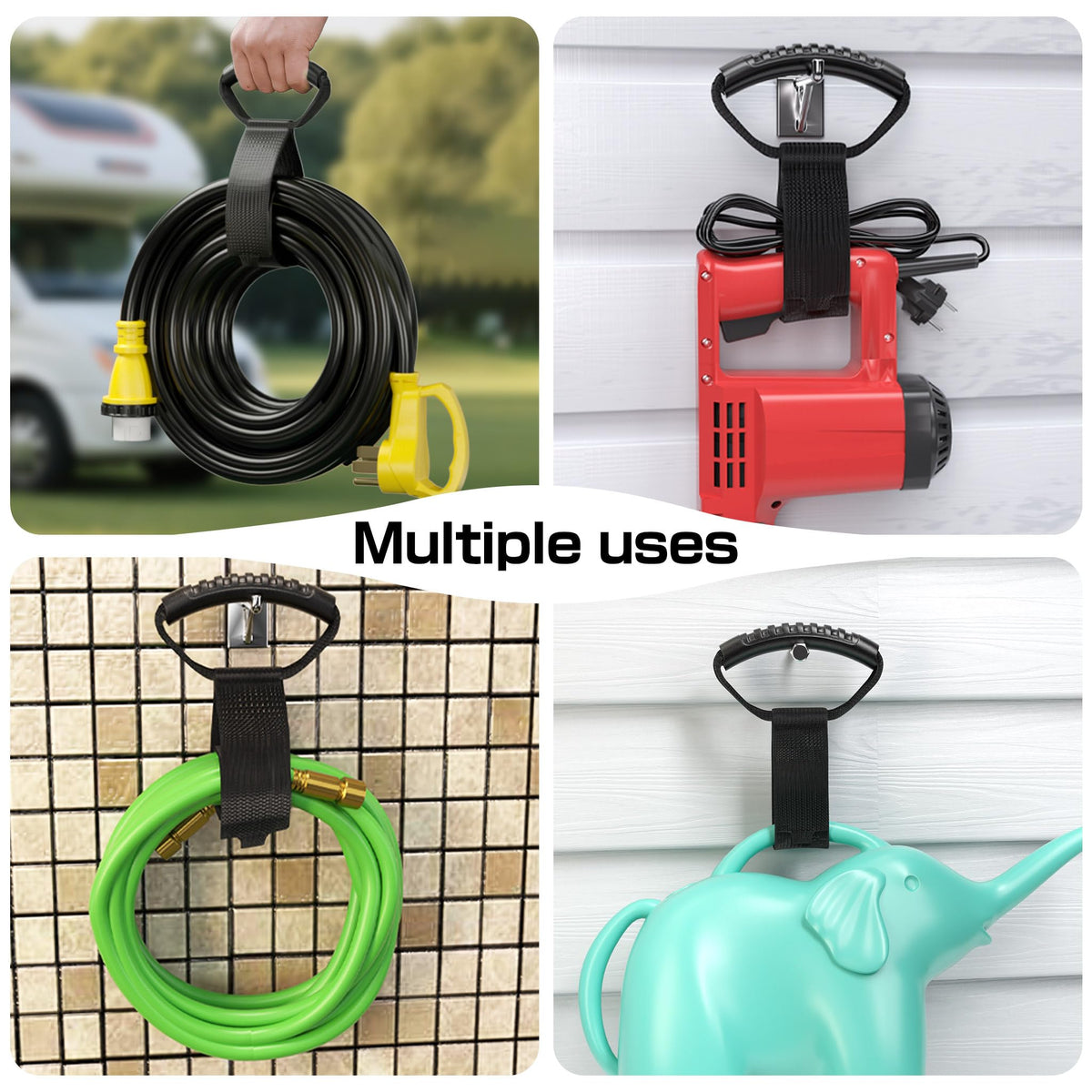 Deluwire strapped garden hose hung on wall hook illustrating space-saving organization