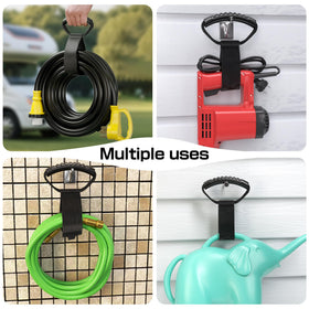 Deluwire strapped garden hose hung on wall hook illustrating space-saving organization