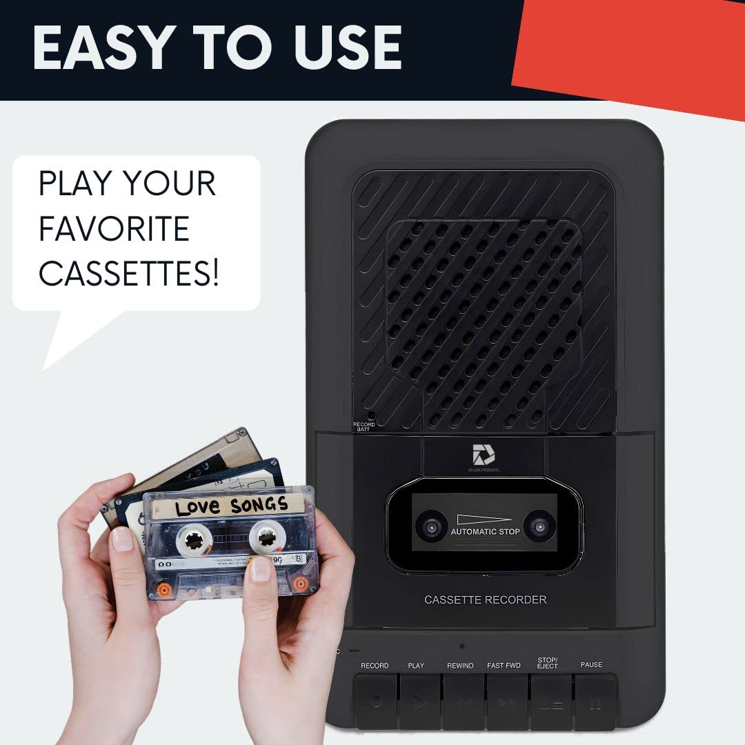 Deluxe Products top-loading cassette deck open with a tape inside, enabling easy tape access
