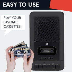 Deluxe Products top-loading cassette deck open with a tape inside, enabling easy tape access