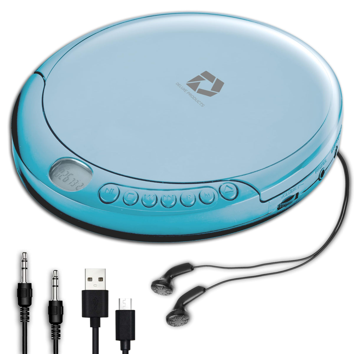 Deluxe Products portable CD player front view with anti-skip protection for on-the-go playback.