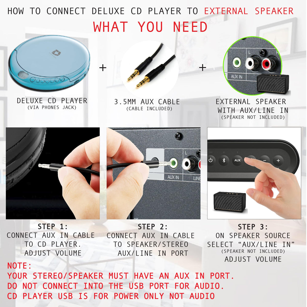 Deluxe Products AC USB power cable included for home use.