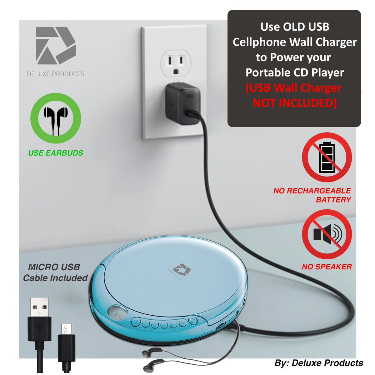 Deluxe Products CD player connected to speaker for room-filling sound.