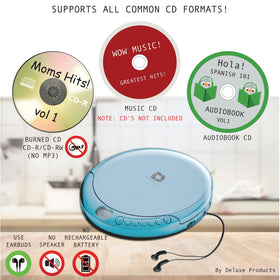 Deluxe Products CD player with earbuds connected for personal listening anywhere.