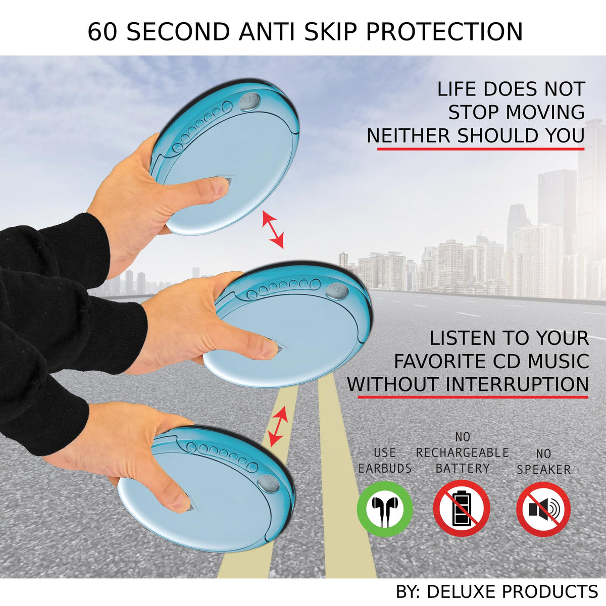 Deluxe Products portable CD player in car enables on-the-go listening.