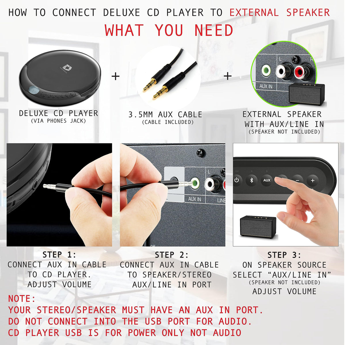 Deluxe Products included stereo earbuds and 3.5mm aux cable for private listening and speaker connection