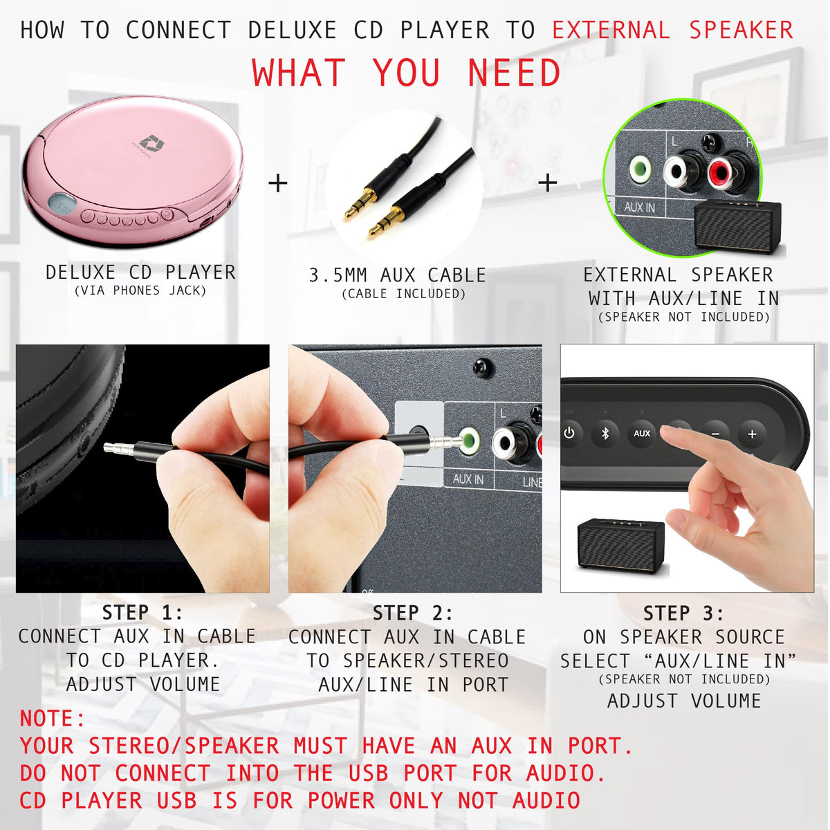 Deluxe Products stereo earbuds and aux cable included for private and external listening
