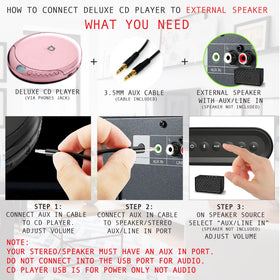 Deluxe Products stereo earbuds and aux cable included for private and external listening