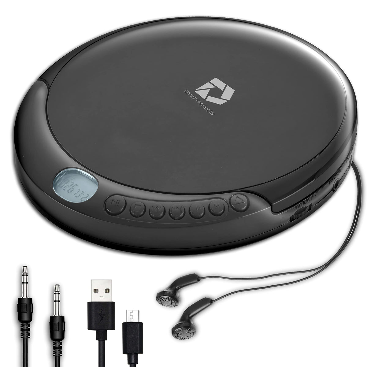 Deluxe Products front view of closed portable CD player showing compact design and portability