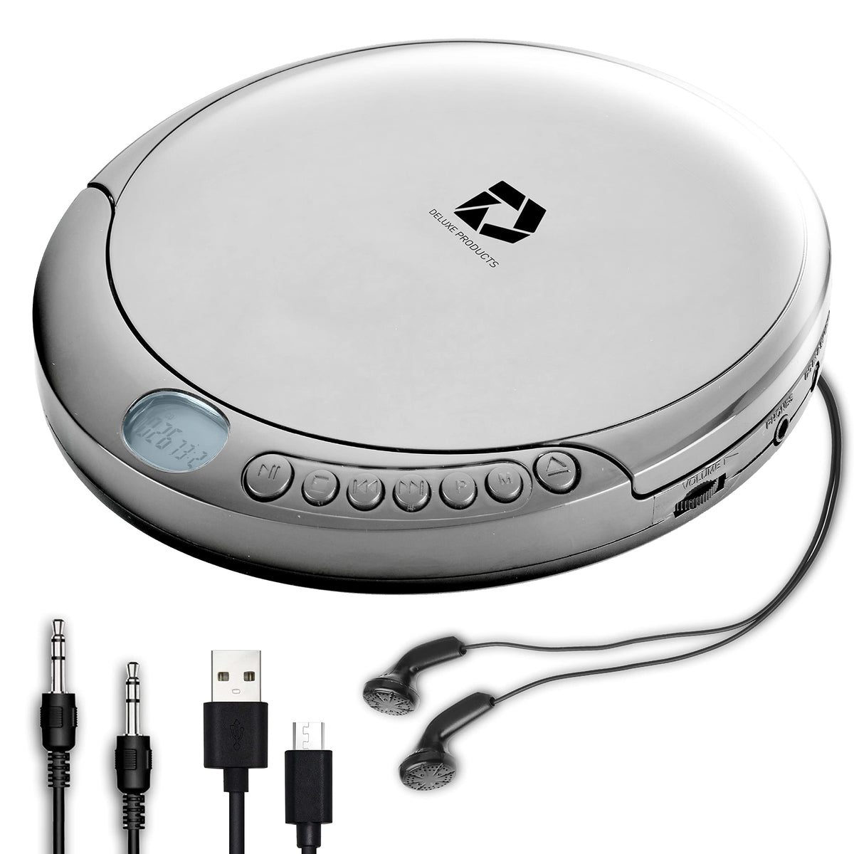 Deluxe Products front view silver portable CD player showing clean design and portability