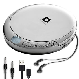 Deluxe Products front view silver portable CD player showing clean design and portability