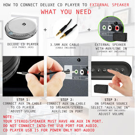 Deluxe Products stereo earbuds and included aux cable for private listening or speaker hookup