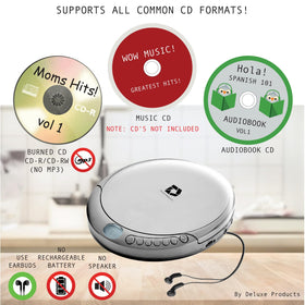 Deluxe Products open CD tray detail demonstrating disc placement and anti-skip benefit