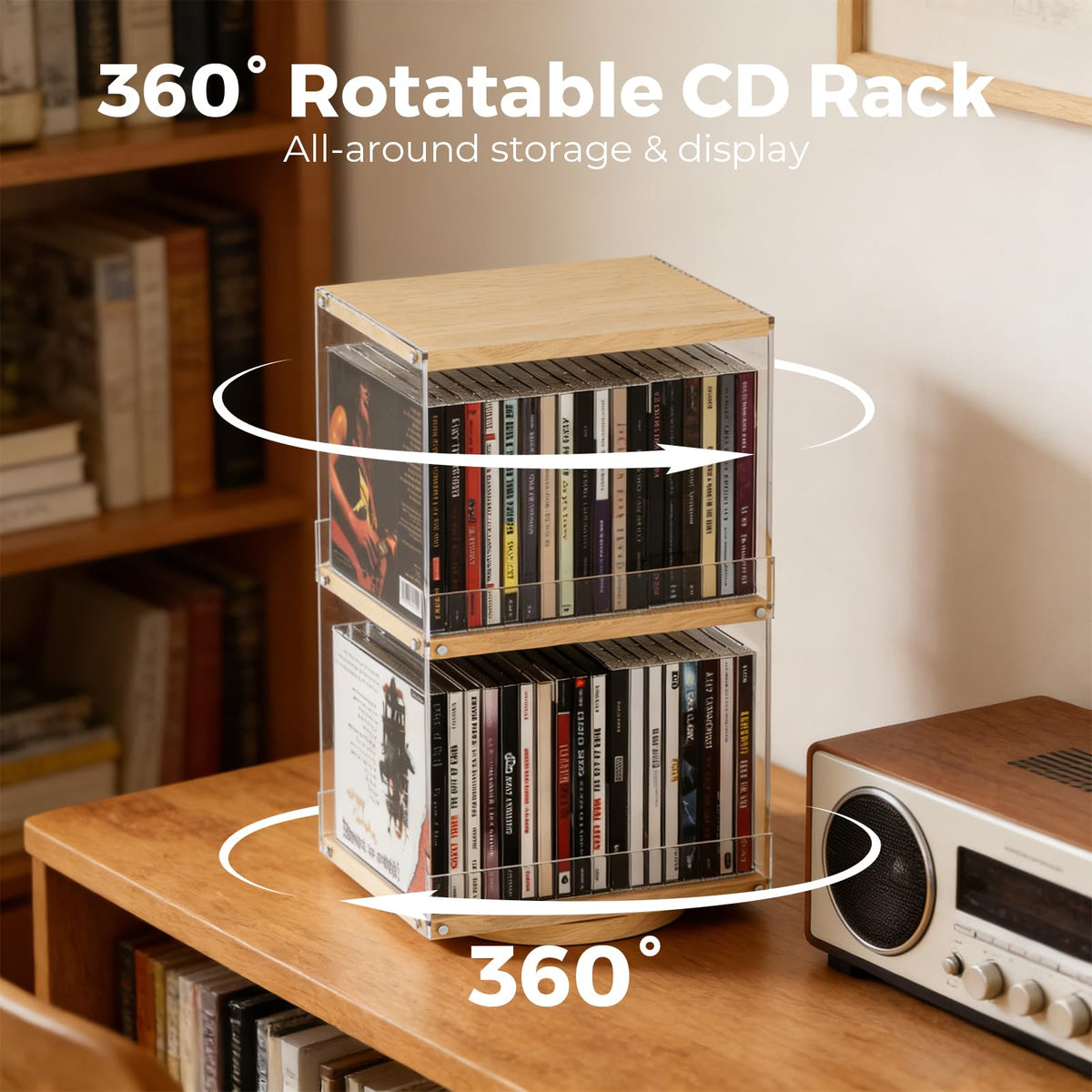 DEMEGA 360° rotating base lets you browse CDs from any angle.