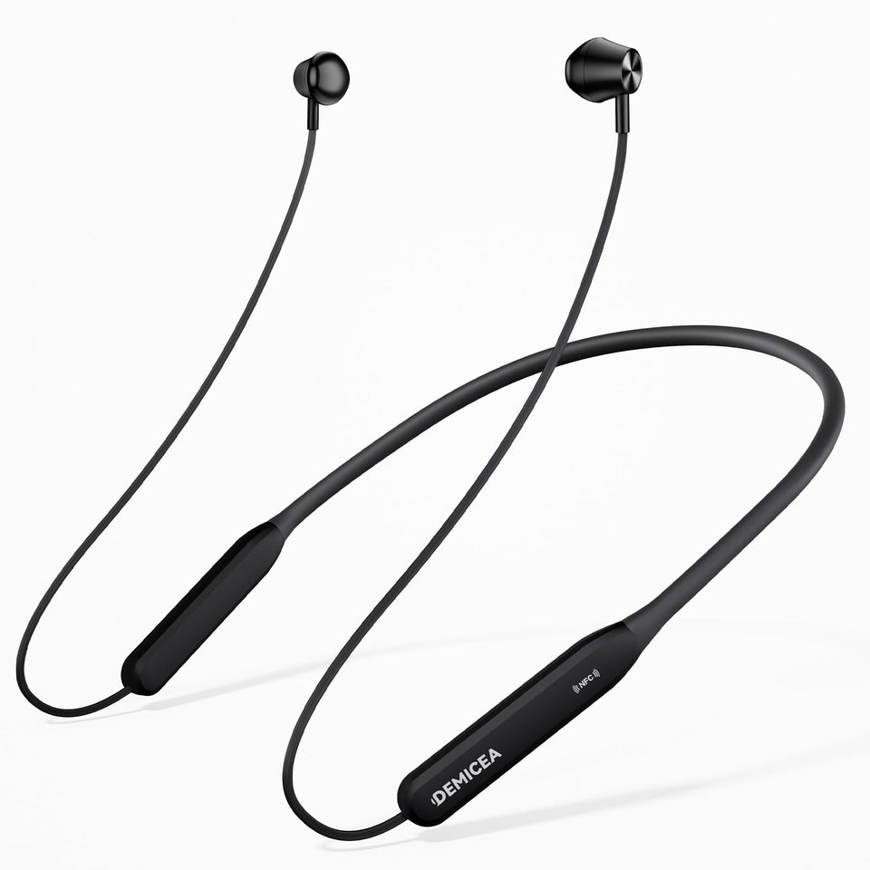 DEMICEA neckband headphones powering on for quick pairing and use in meetings.