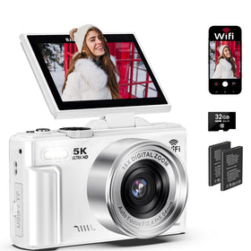 Demofit 5K camera front view shows 75MP sensor for sharp portraits and videos