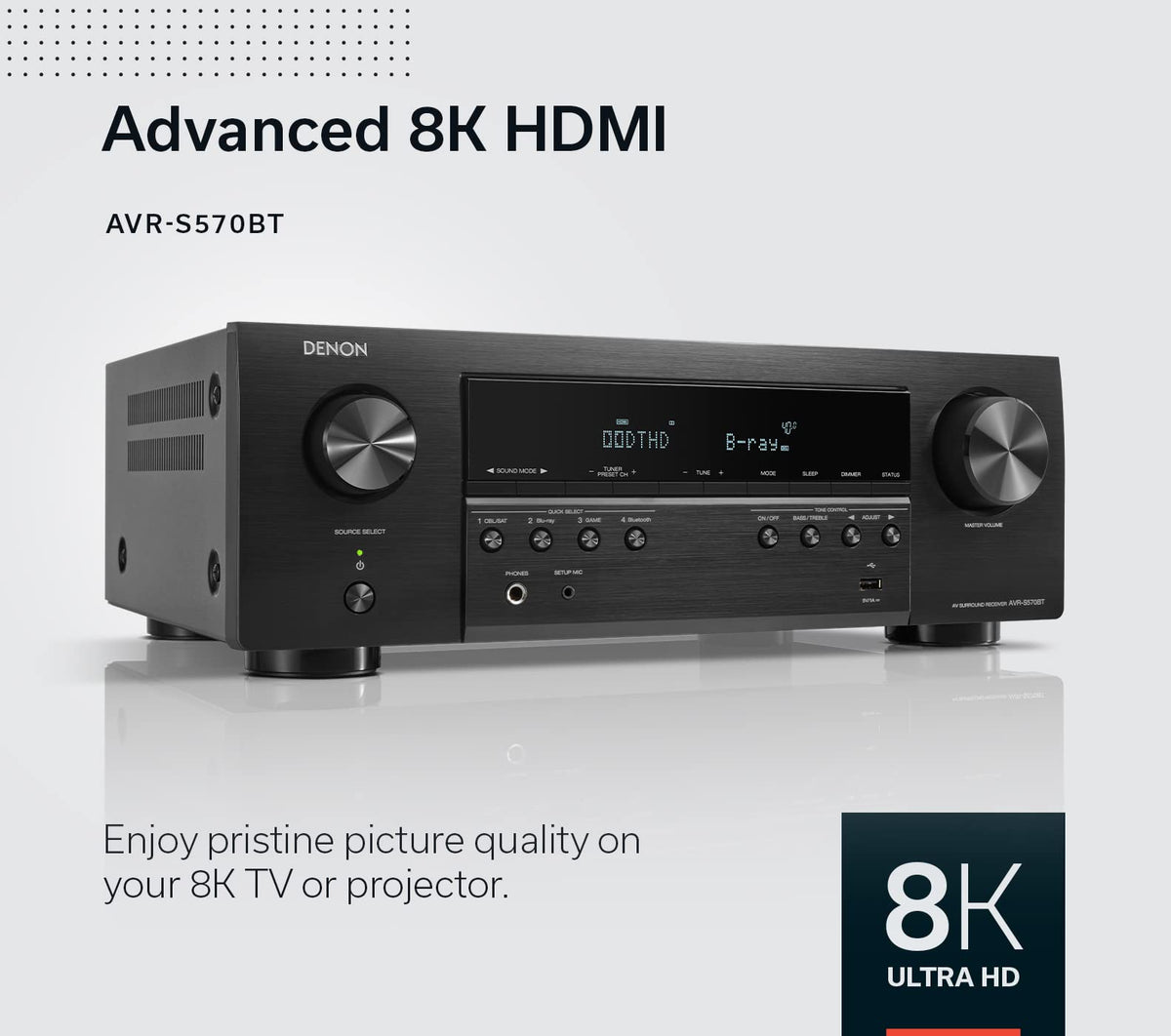 Denon AVR-S570BT HDR compatibility for lifelike picture with Dolby Vision.