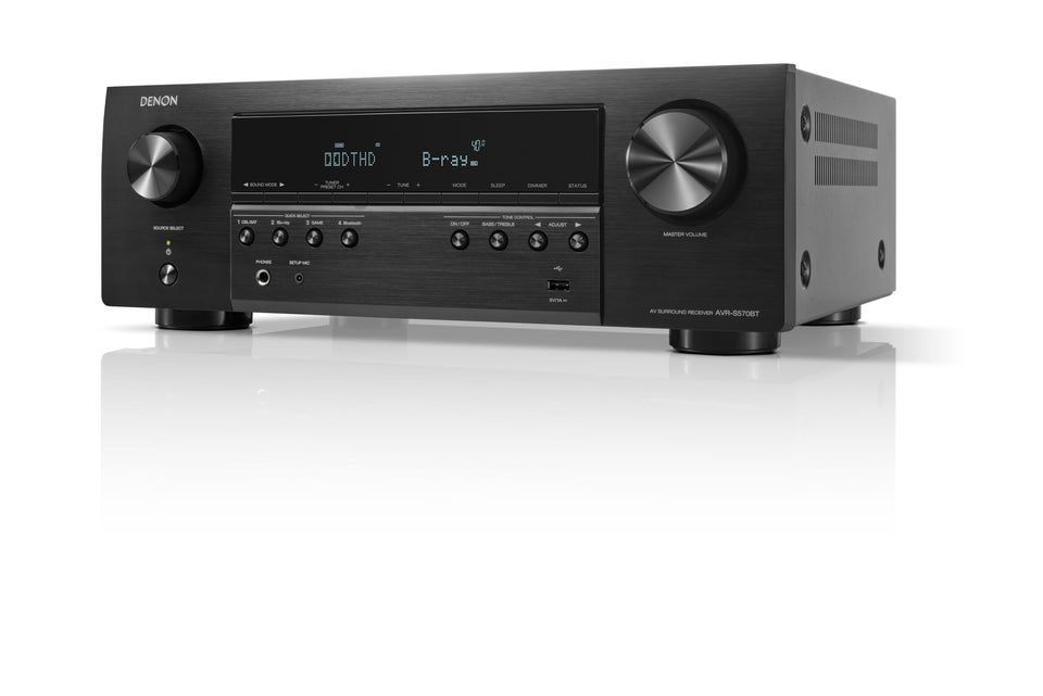 Denon AVR-S570BT front panel with clear controls for quick setup.