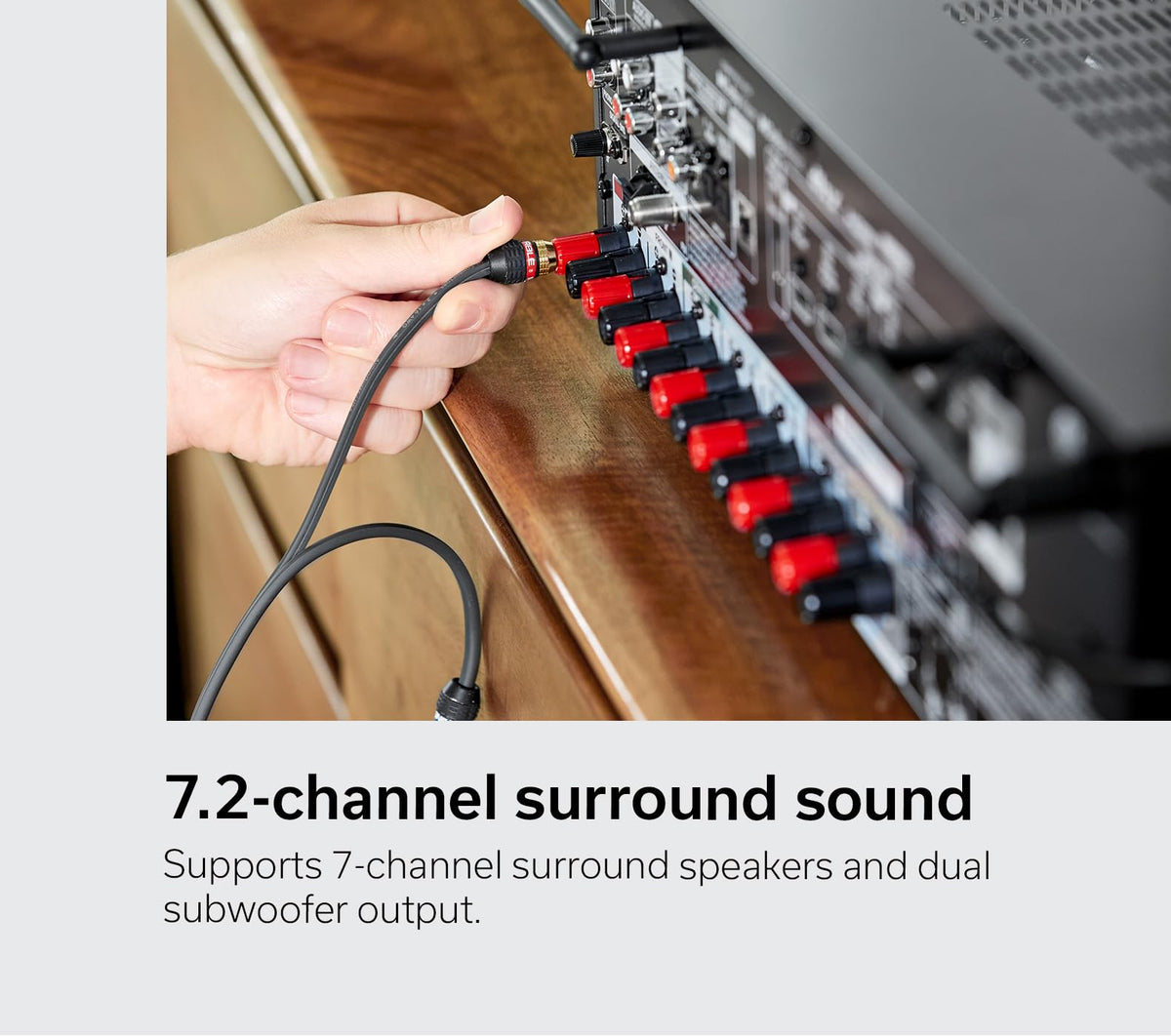 Denon AVR-S770H rear panel shows ports for flexible speaker and subwoofer connections.