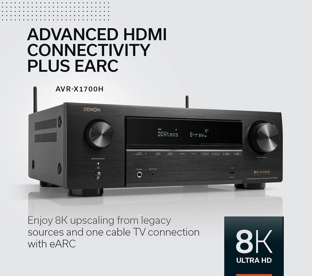 Denon AVR-X1700H Dolby Atmos and DTS:X for immersive surround.