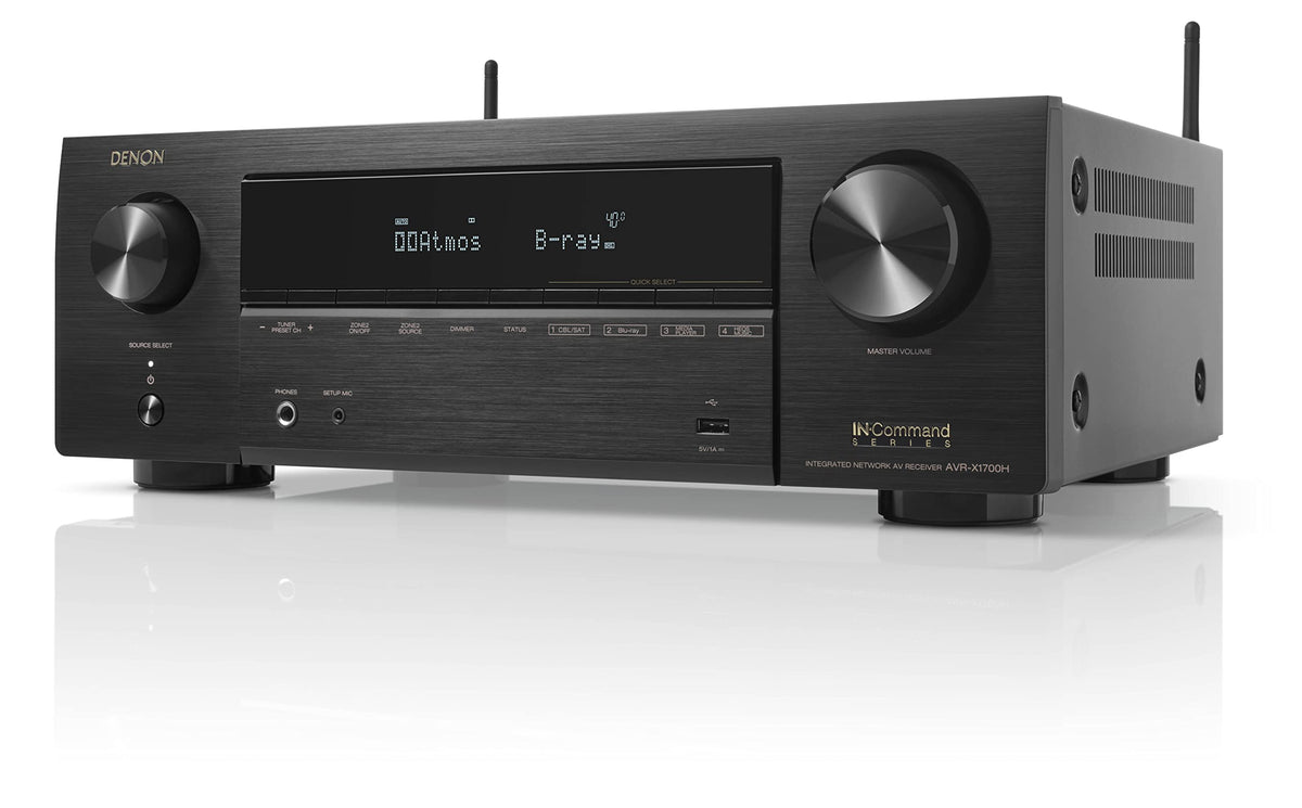 Denon AVR-X1700H front panel ready for quick setup and control.