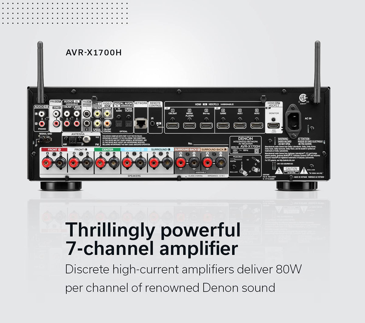 Denon AVR-X1700H HEOS multi-room enables synchronized music across zones.