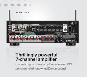 Denon AVR-X1700H HEOS multi-room enables synchronized music across zones.