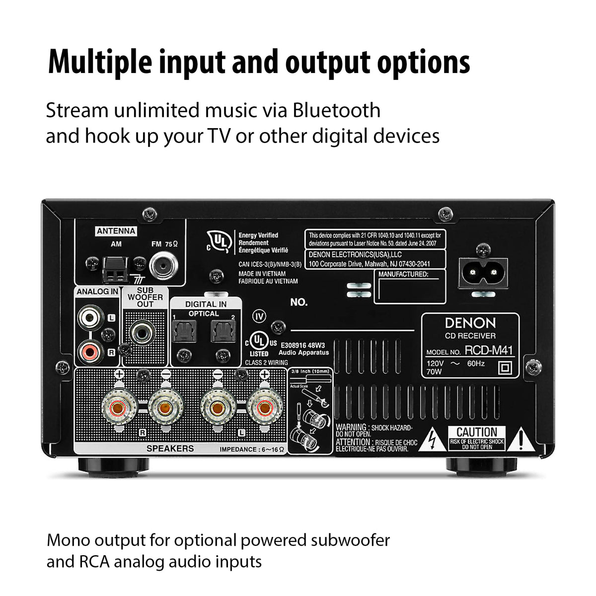 Denon D-M41 Bluetooth pairing image emphasizes wireless music without clutter.