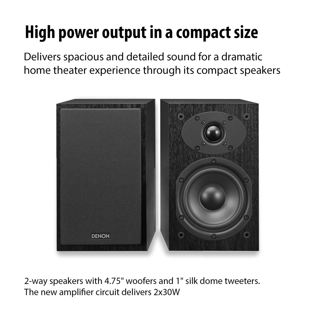 Denon D-M41 speakers rear view shows compact footprint and ports.