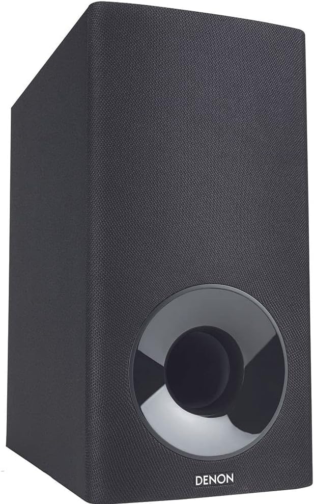 Denon DHT-S316 wall-mount image demonstrates space-saving setup under most TVs.