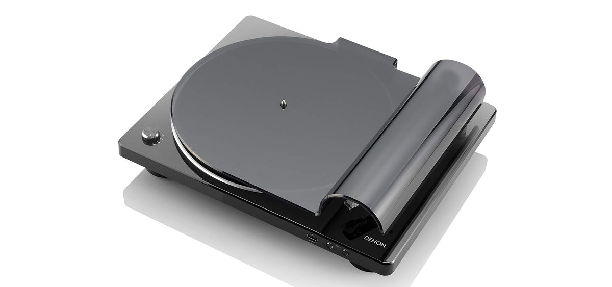 Denon DP-450USB dust cover doubles as display stand for flexible placement.