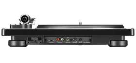 Denon DP-450USB platter detail emphasizes weighted belt-drive for stable playback.