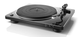 Denon DP-450USB top view highlights compact belt-drive and curved tonearm.