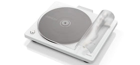 Denon DP400 curved tonearm close-up shows precise tracking and gentle record handling
