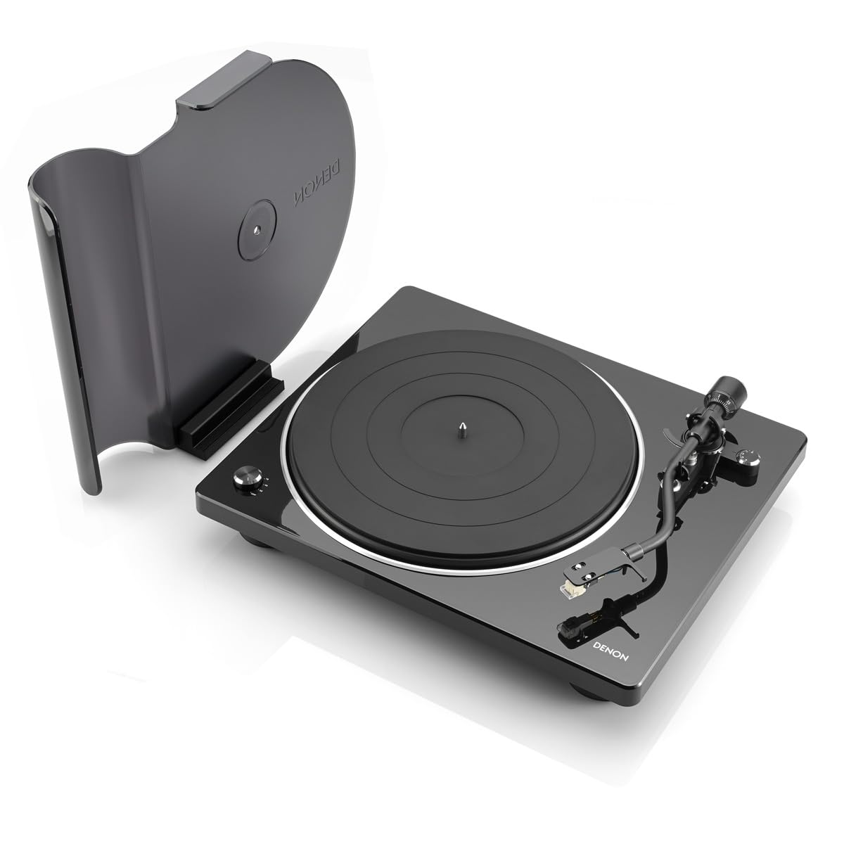 Denon DP400 tonearm closeup highlights accurate tracking and smooth playback.